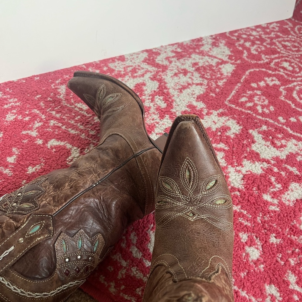 Tony Lama Brown & Turquoise Embroidered Leather Western Booties by - Picture 7 of 7